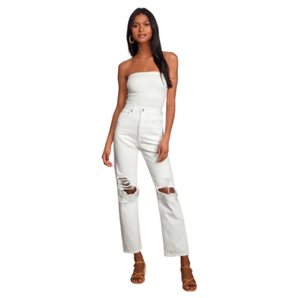 NWT AGOLDE 90s Mid Rise Loose Fit Distressed Jeans, White (Vanish)
